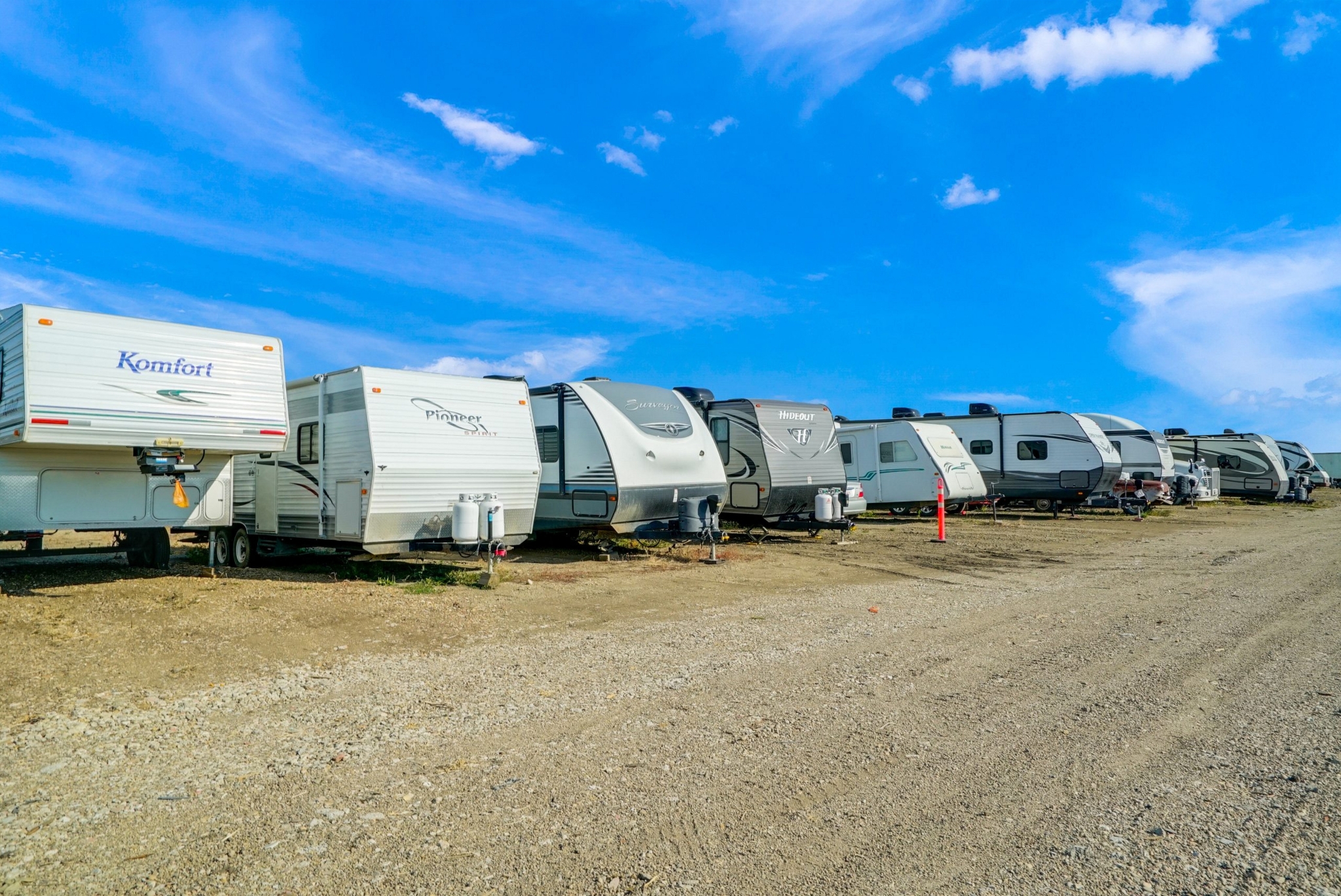 Multiple RVs parked in Wheeler’s secure outdoor storage facility near Edmonton